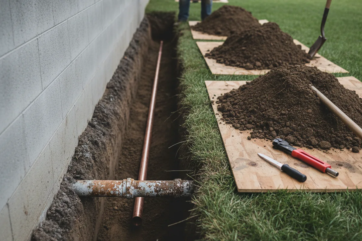 Excavated water line trench during Sewer Line Repair in Nellis